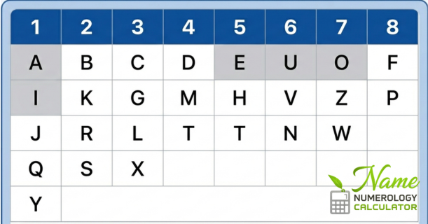 Soul Urge numerology chart showing numbers 1 to 8 with corresponding alphabet letters arranged in a grid for name numerology calculation, and A E I O U represent.