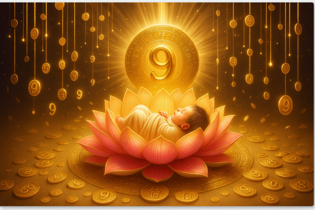Newborn baby on glowing lotus with golden numerology number 9 and lucky coins.