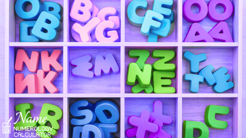 Wooden compartment tray with colorful plastic alphabet letters arranged in separate sections, featuring blue, yellow, red, pink, green, and orange letters placed neatly in a grid pattern.