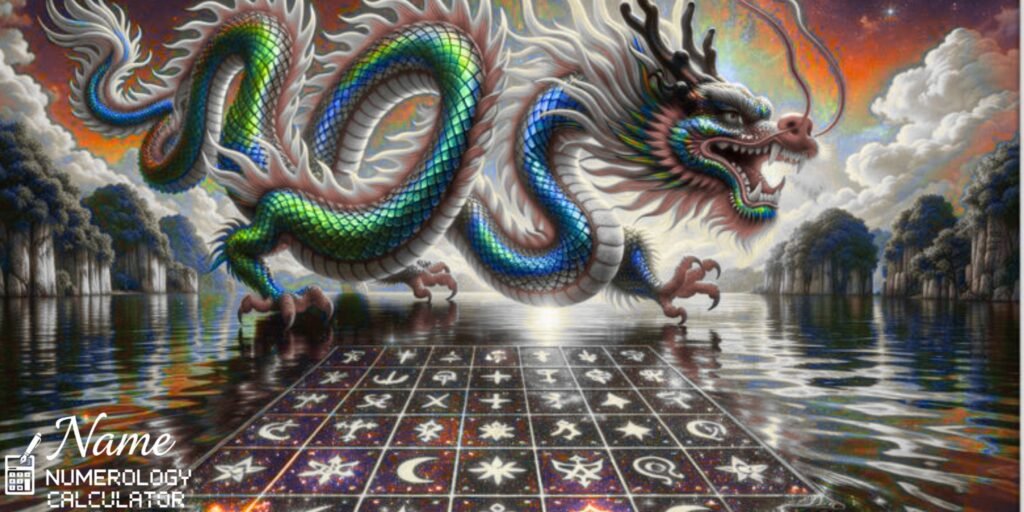 A colorful Chinese dragon flying over water in a mystical fantasy scene, featuring numerology calculator symbols and cosmic signs, representing spiritual numerology and mythical dragon artwork.