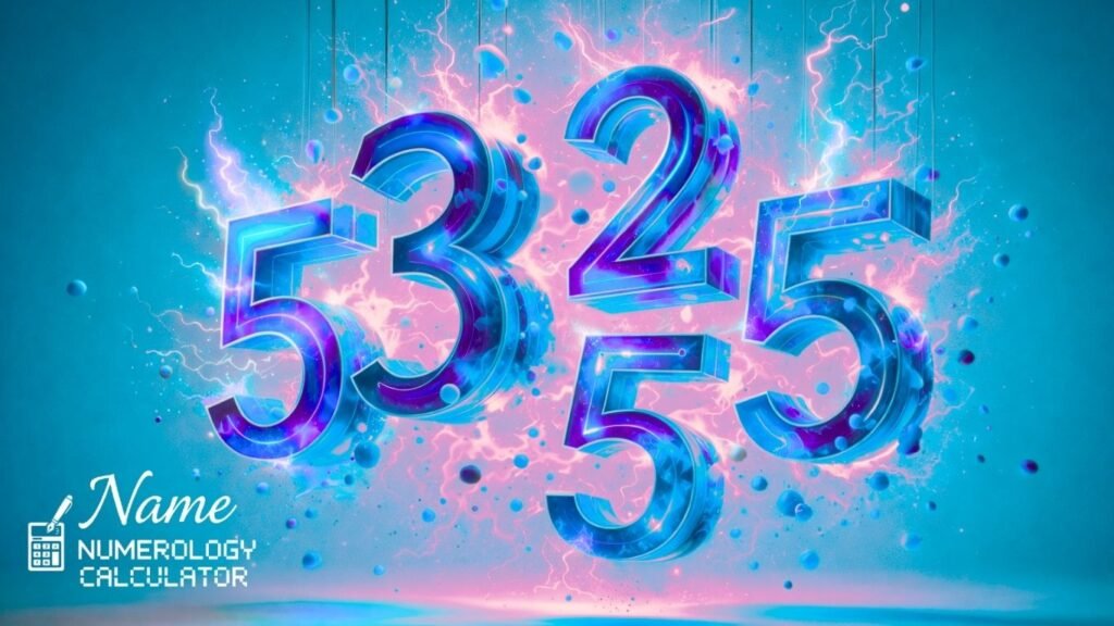 Colorful 3D glowing numbers 53255 floating on an blue background with electric lightning effects, bright neon highlights, and scattered particles.