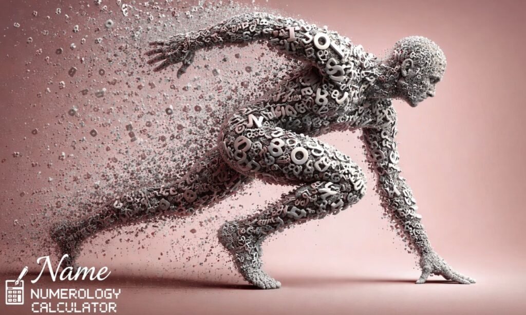 3D digital illustration of a running human figure made of numbers and letters, dissolving into scattered symbols on a vivid crimson background.