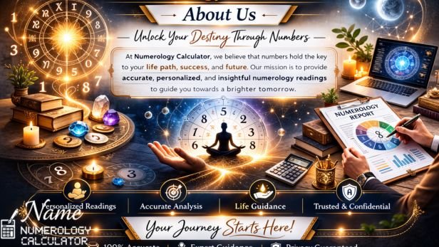 Numerology calculator website About Us banner showing destiny numbers, personalized numerology readings, life guidance, spiritual symbols, and numerology report analysis for future success