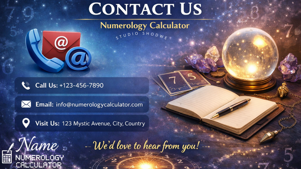 Professional Contact Us banner design for Name Numerology Calculator with crystal ball, zodiac symbols, numerology chart, tarot cards and customer support details for numerology consultation website, and website logo added.