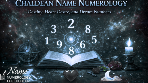 Professional digital illustration of Chaldean Name Numerology showing Destiny Number, Heart Desire Number, and Dream Number with glowing numerology chart, ancient book, candle, gemstones, and cosmic background.