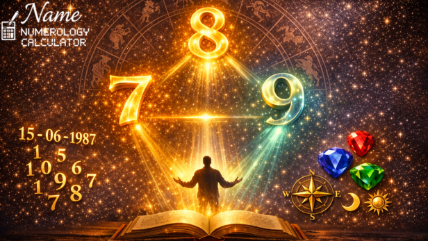 Mystical numerology illustration with glowing numbers 7, 8, 9 above an ancient book, human silhouette receiving cosmic energy, zodiac wheel, birth date numbers, gemstones and compass symbols in a purple cosmic background.