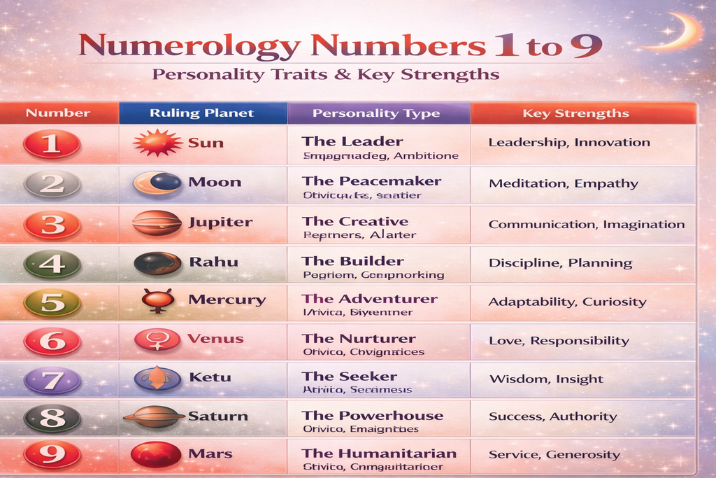 Numerology numbers 1-9 table with ruling planets Sun Moon Jupiter Rahu Mercury Venus Ketu Saturn Mars personality traits and strengths